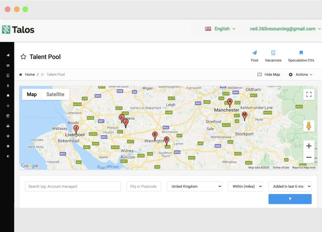 Screenshot of the Talos Talent Pool map which can be used for candidate attraction