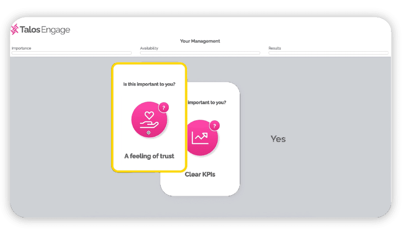 Screenshot of the game play within the employee engagement software Talos Engage - showing how employees play the game by swiping cards.