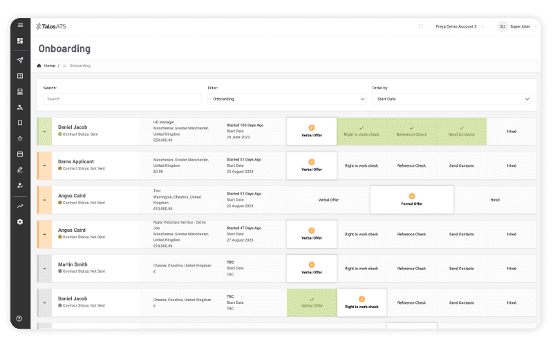 Employee onboarding dashboard view in Talos ATS - showing each candidate's progession through the different onboarding checks and measures