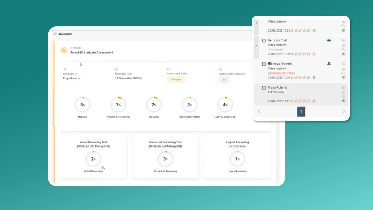 User interface of the candidate assessments available in Talos ATS