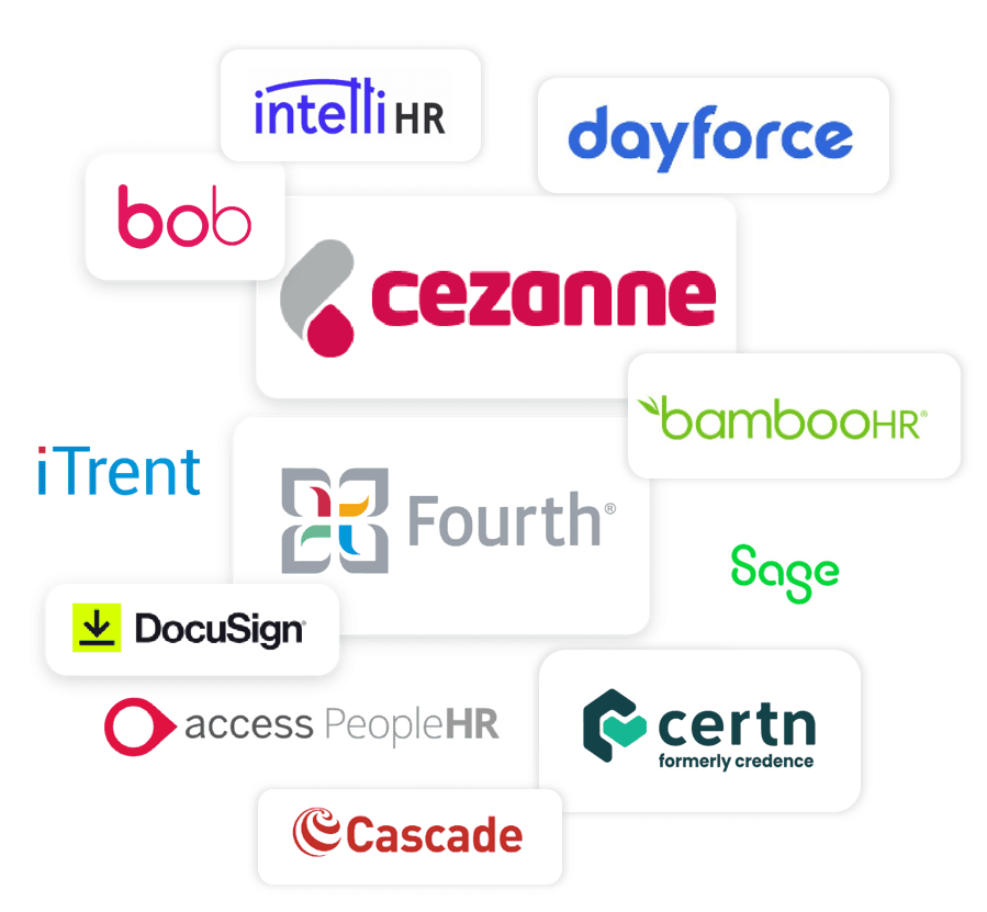 Logos for the HR platforms Talos360's employee onboarding software integrates with.