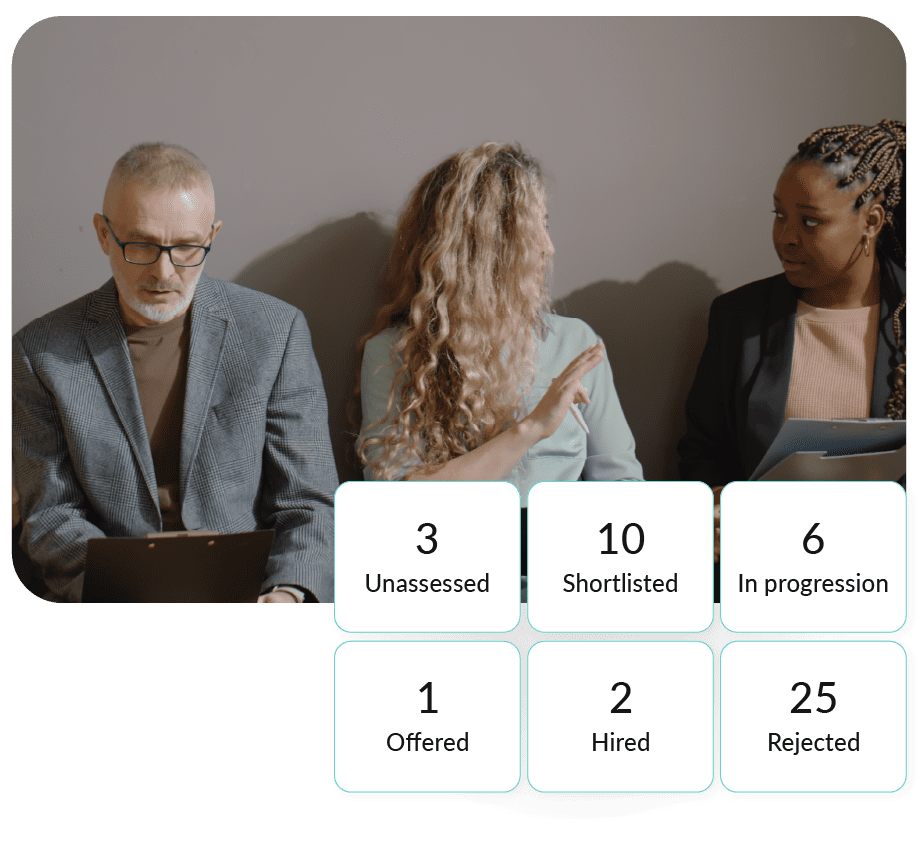 Infographic to show an example number of candidates in each progression stage of the hiring journey from unasessed to hired/rejected