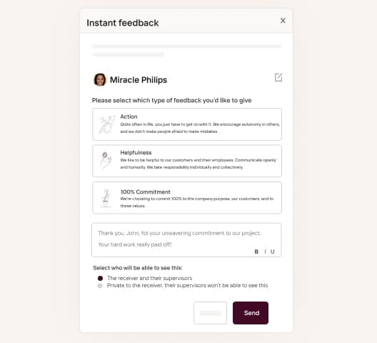 The 360-degree feedback feature within Talos360's employee performance review system.