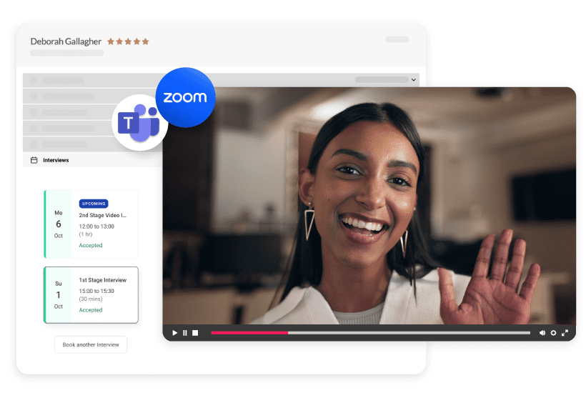 A screenshot of our education ATS, Talos ATS and the video interviewing capabilities. Also included is a logo of Microsoft teams to highlight the integration with Teams and other virtual meeting software.