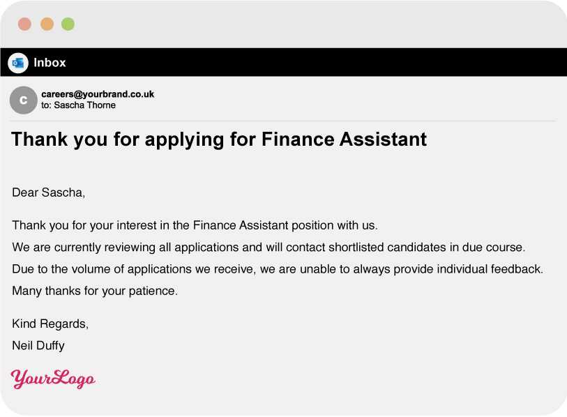 A screenshot of an automated candidate communication email confirming the application for a finance assistant role sent via retail recruitment software.