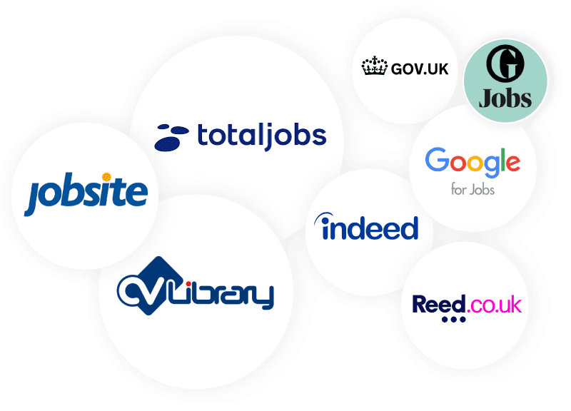 A laptop screen showing the logos for jobs boards accessible via our technology applicant tracking system.