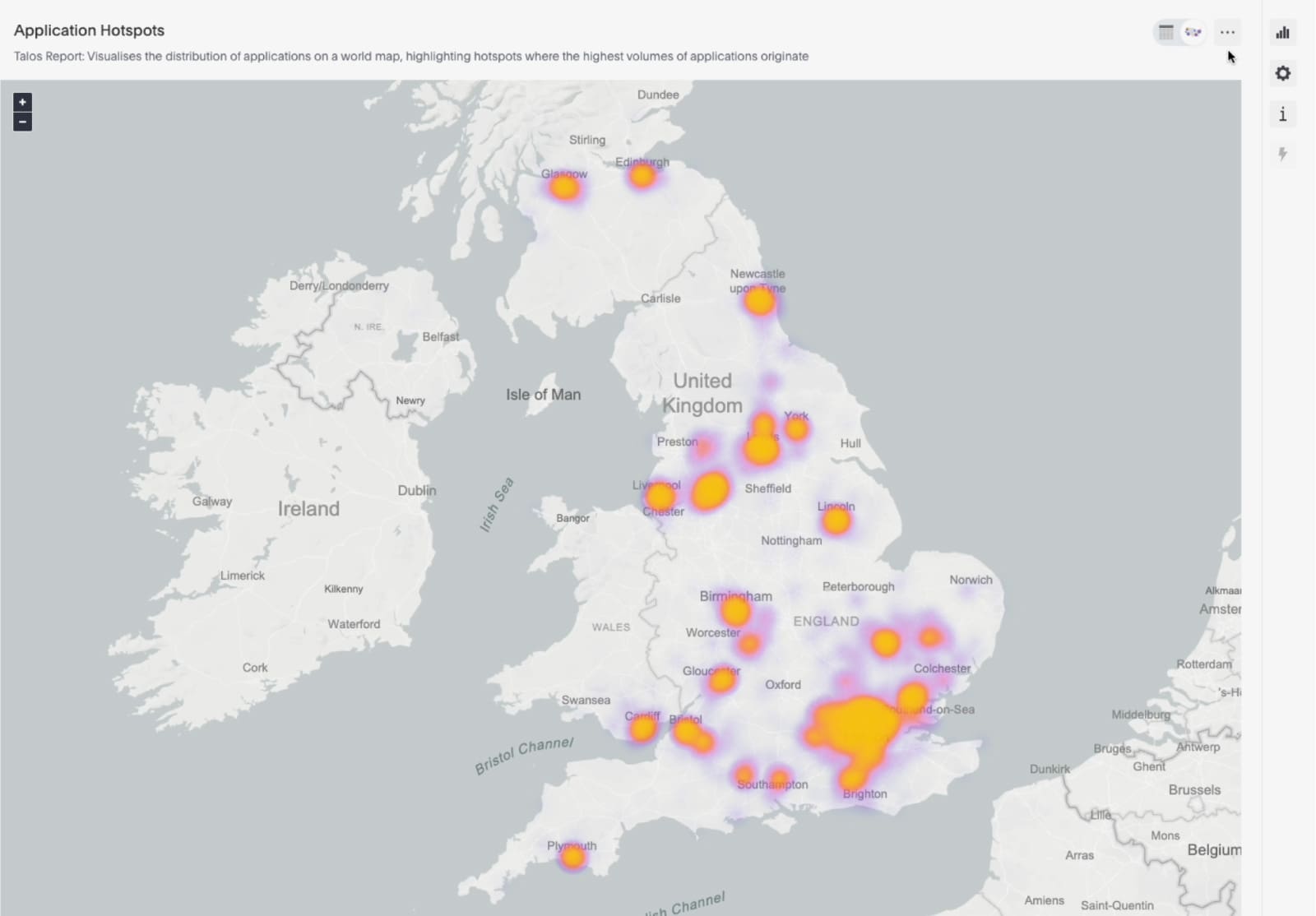 A screenshot of Talos ATS' powerful reporting feature showcasing real-time insights including interactive heat maps.