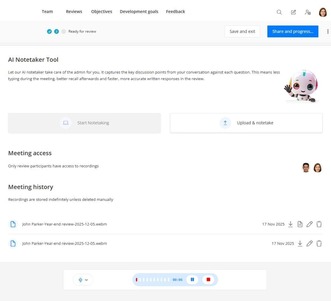 The AI notetaker included with Talos360's employee performance review software.